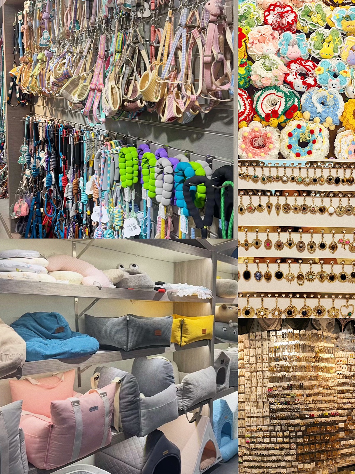 Market displays of pet accessories, crochet items, cushions, and jewelry